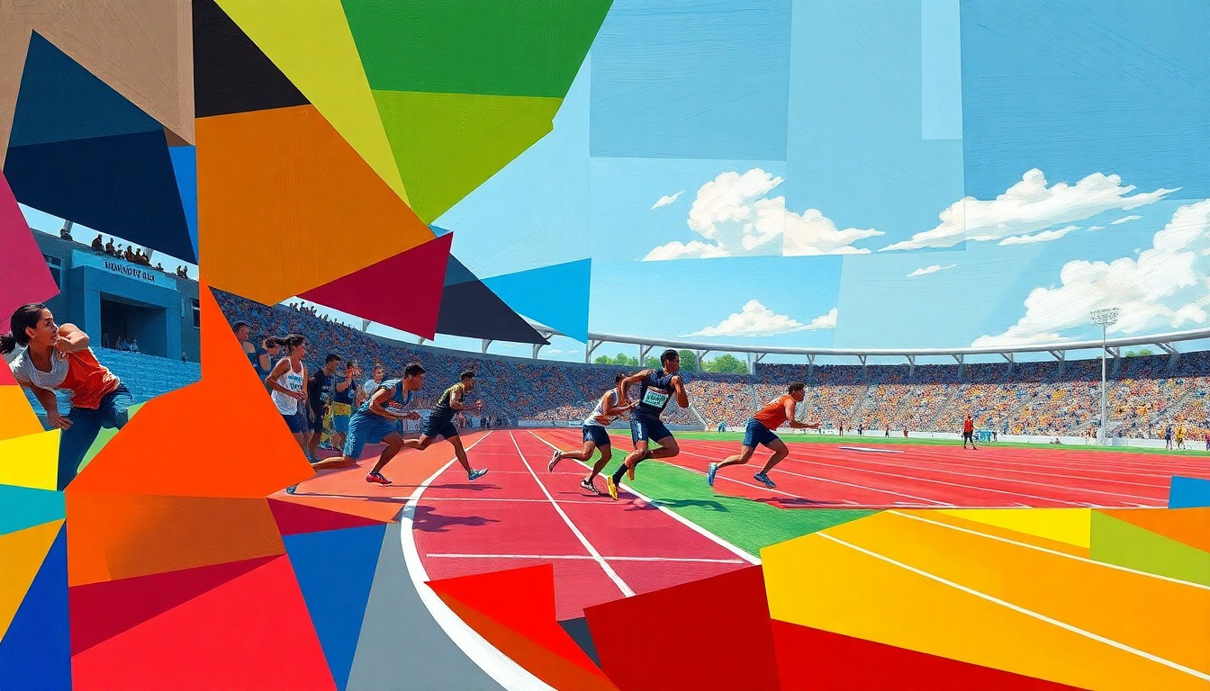 A fragmented, geometric painting in bright primary colors depicting the dynamic motion of a track and field event.