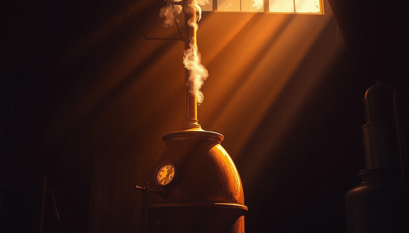 A photorealistic painting of an antique copper still sitting on a wooden table, with warm sunlight streaming through a window and casting deep shadows across the scene, conveying a sense of nostalgic craftsmanship and personal freedom.