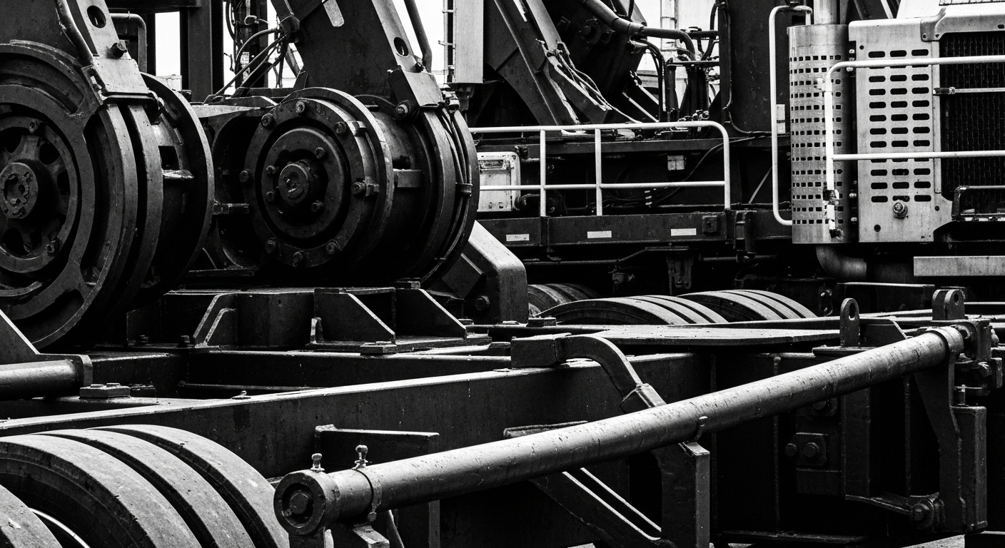A high-contrast, black and white close-up photograph of large, industrial machinery and equipment used in the trucking and logistics industry, conveying a sense of the physical scale and complexity of the infrastructure that supports the transportation of goods across the United States.