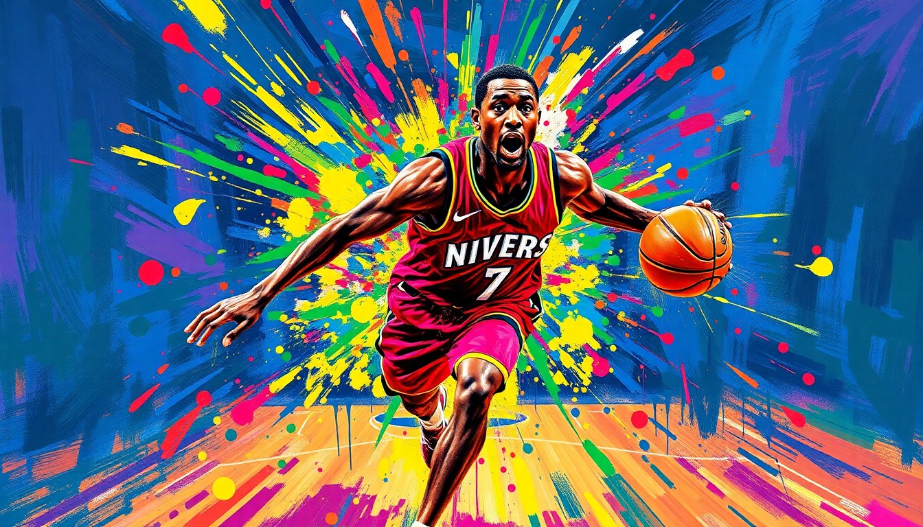 An abstract, expressionist painting featuring vibrant brushstrokes of neon colors capturing the raw energy and power of a basketball player's movements, with faces and details dissolving into unrecognizable splatters.