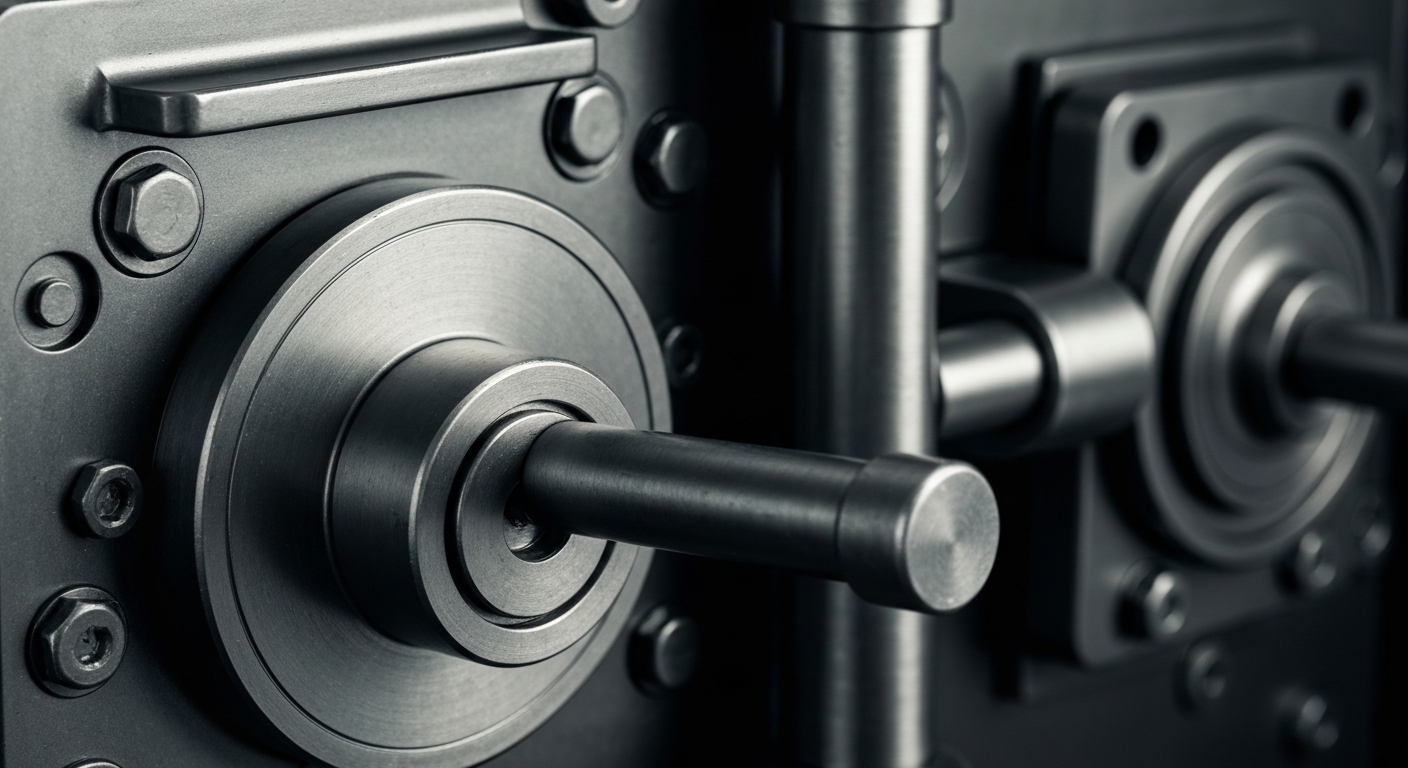 An extreme close-up photograph of the complex, metallic mechanisms and gears inside a bank vault, conveying a sense of the physical infrastructure and security that supports the financial system.