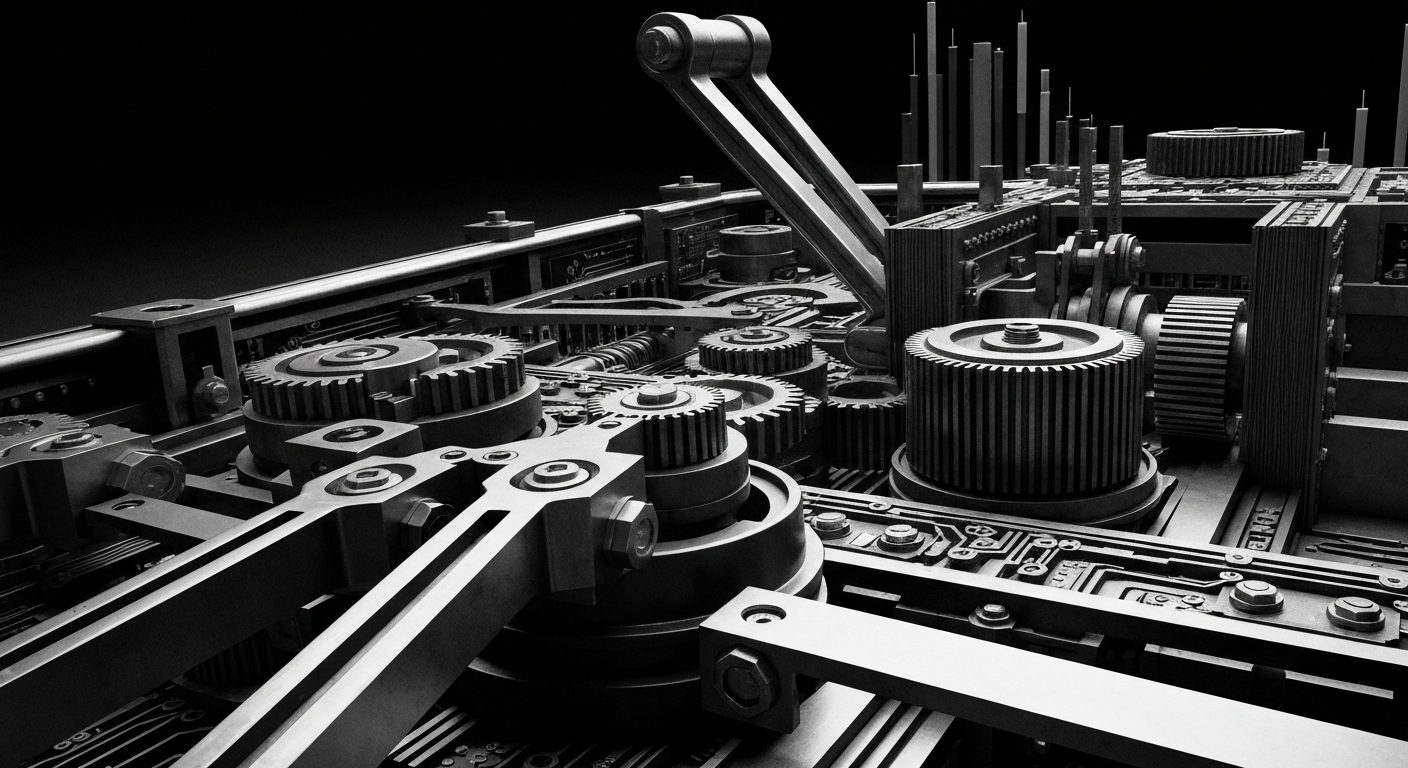 A high-contrast, cinematic close-up of gears, levers, and circuits that make up the inner workings of a financial system, conveying a sense of the intricate, powerful, and impersonal nature of modern finance.