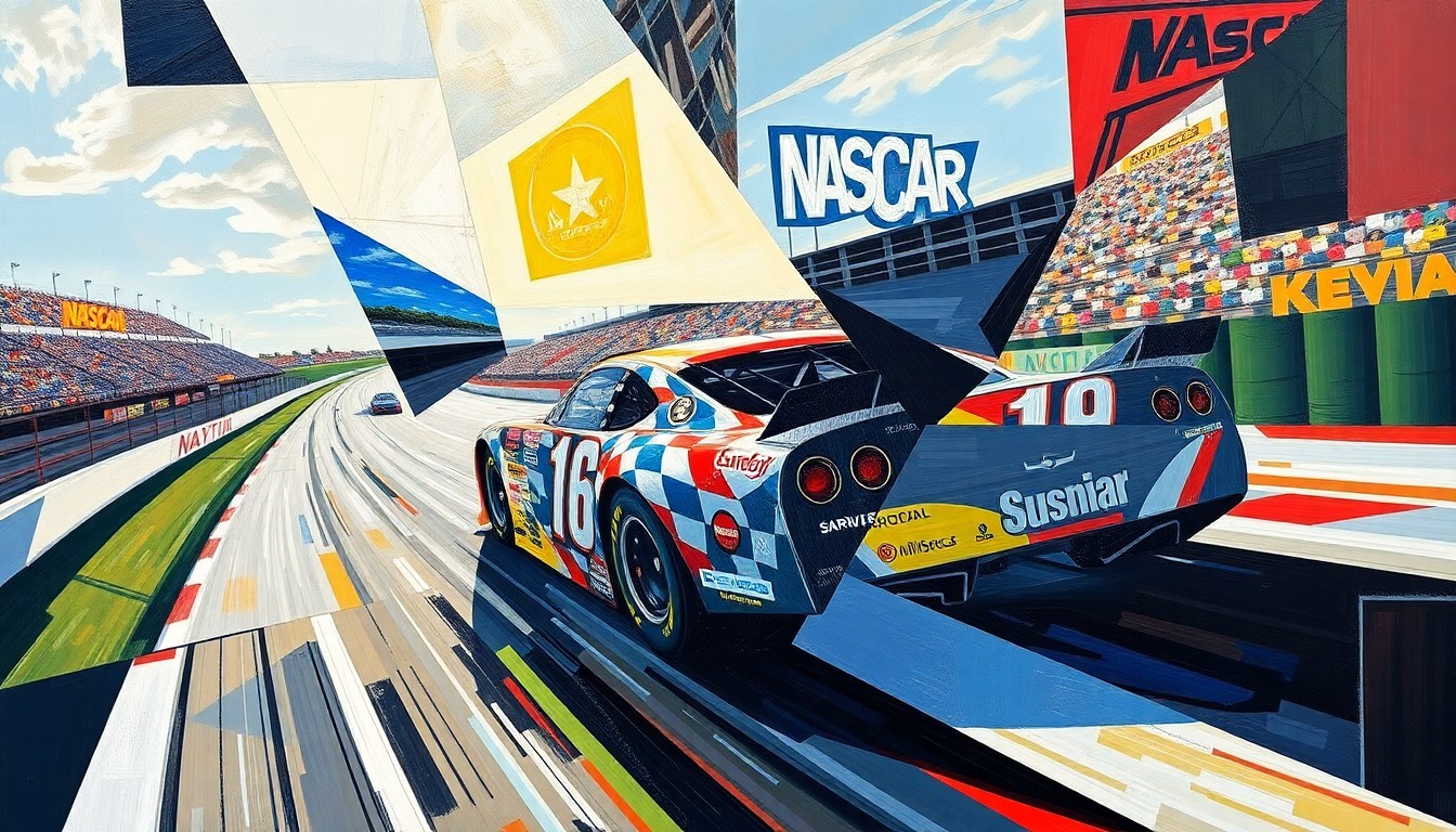 A cubist, geometric painting depicting a NASCAR race, with the car, track, and racing action broken down into sharp, overlapping shapes and angles in a vibrant color palette, capturing the speed and energy of the sport.
