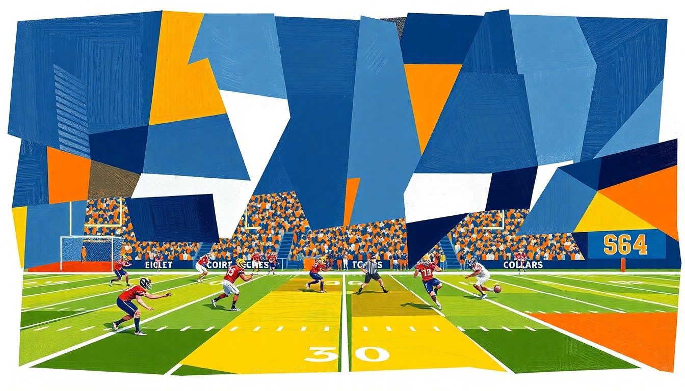 A fragmented, geometric painting depicting the motion and intensity of a high school football game, with sharp planes of navy blue, orange, and white representing the Niceville High School team colors.