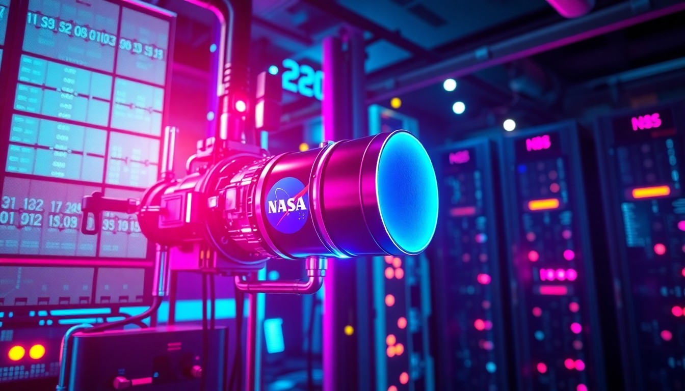 A highly detailed, glowing 3D illustration of a complex network of interconnected cables, circuit boards, and data modules, representing the sophisticated technology infrastructure that enables NASA's Artemis II mission to the Moon.