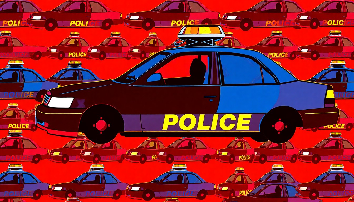 A vibrant, high-contrast silkscreen print featuring a repeating icon of a police car in a grid pattern, using a bold, neon color palette to transform the everyday symbol of law enforcement into a modern pop art piece.