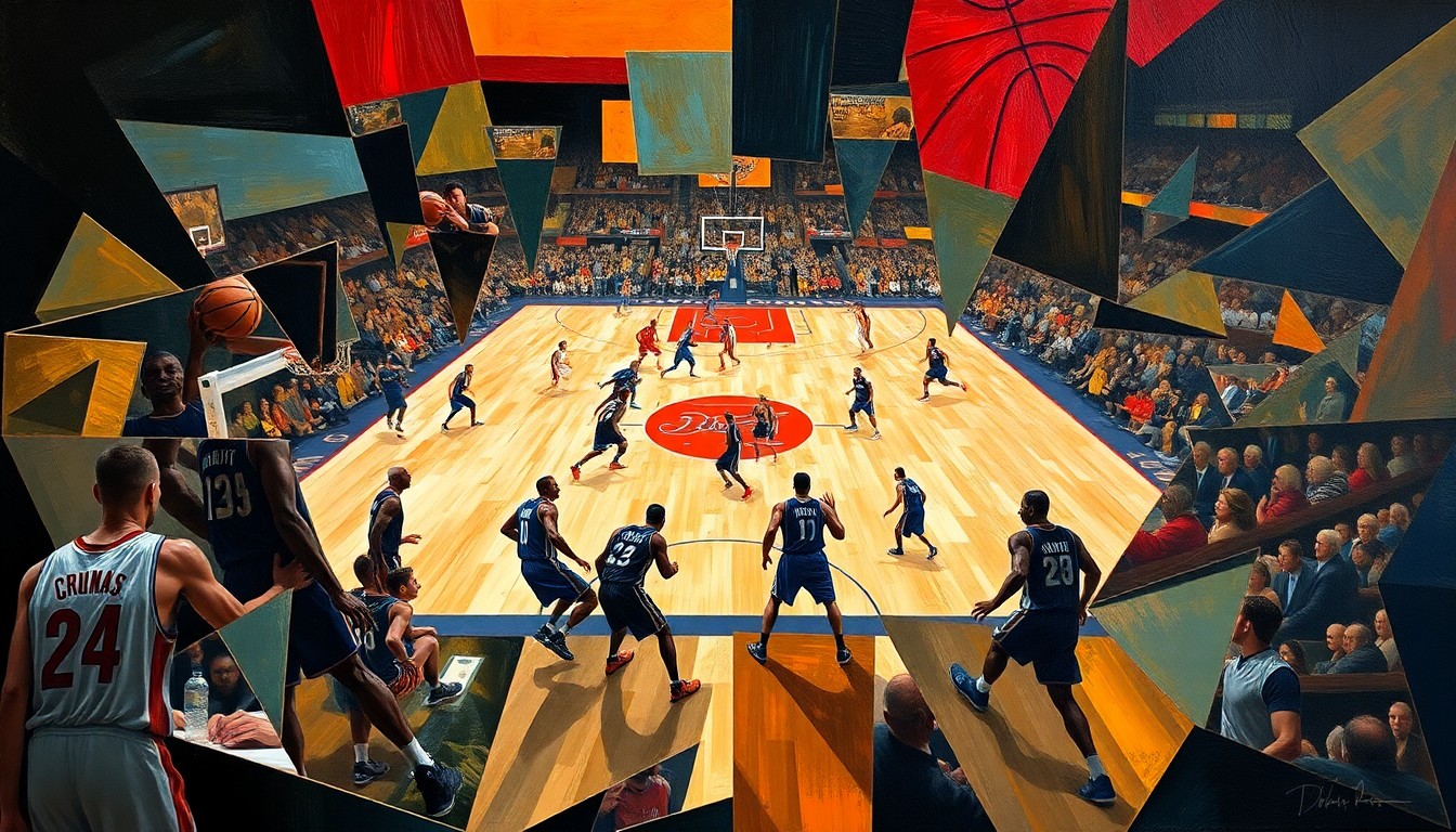 A fragmented, abstract painting in the style of Pablo Picasso, depicting a basketball game in motion. Geometric shapes and planes of color represent the players, court, and arena, creating a dynamic, disorienting composition that captures the intensity of the sport.