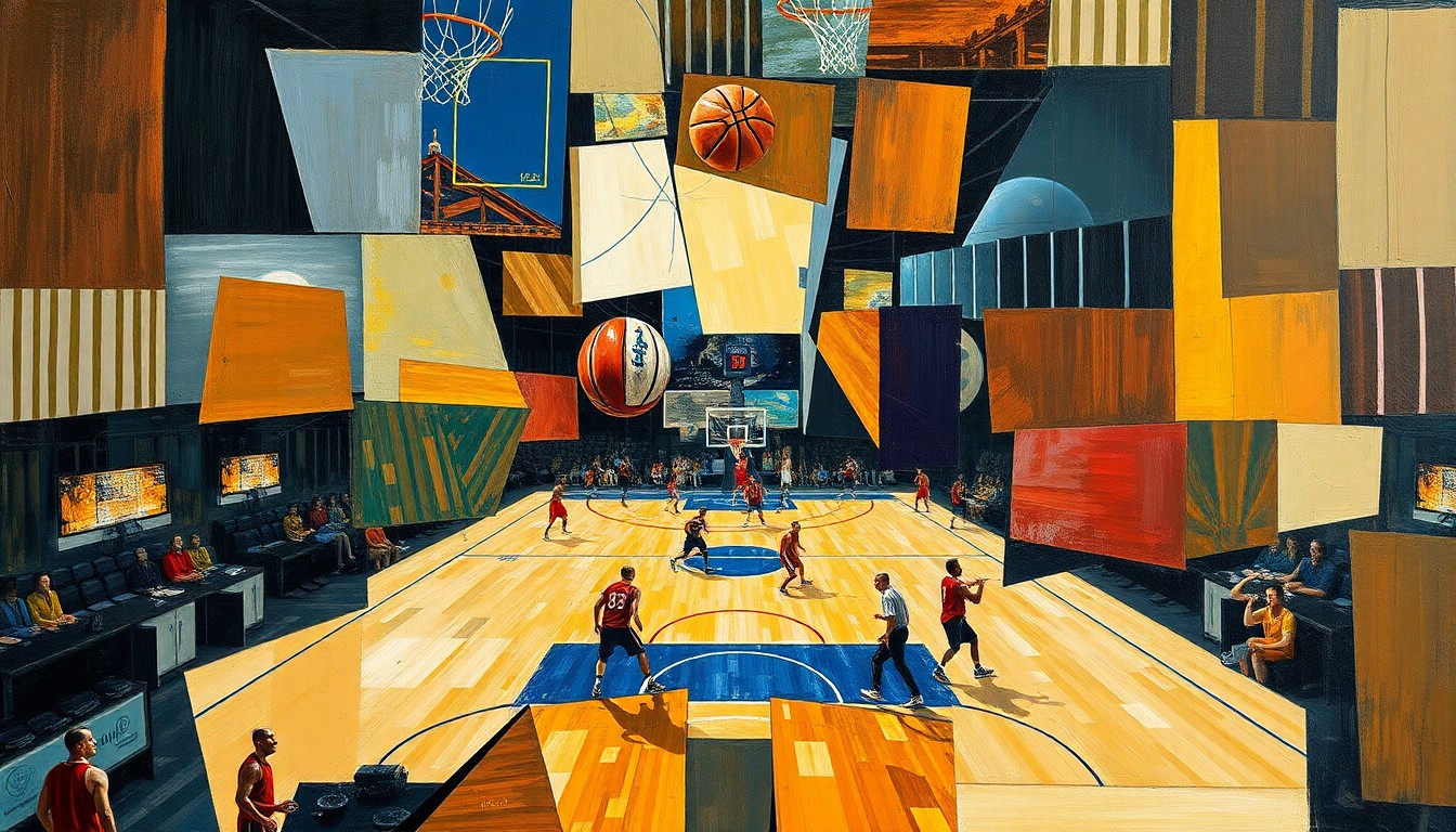 A cubist-style painting depicting a basketball game or match, with the players and court broken down into sharp, overlapping geometric shapes and planes, conveying the dynamic and competitive nature of the sport.