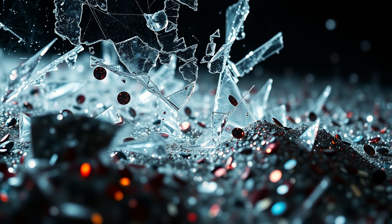 An abstract close-up image of shattered glass and glittering sequins, conveying the fragility and glamour of celebrity relationships.