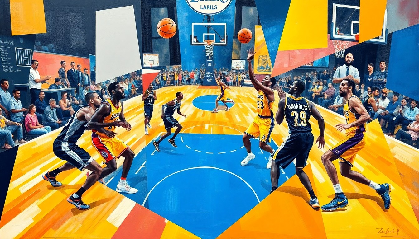 A cubist-style painting depicting a basketball game between the Los Angeles Lakers and Dallas Mavericks, with the players' movements and the energy of the game captured through sharp, overlapping geometric planes in a fractured, multi-perspective composition.