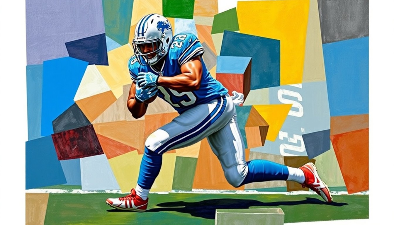 A cubist, geometric painting depicting a Detroit Lions safety making a tackle, with the player's body broken down into sharp, overlapping planes of color, conveying the instability and uncertainty surrounding the team's safety position.