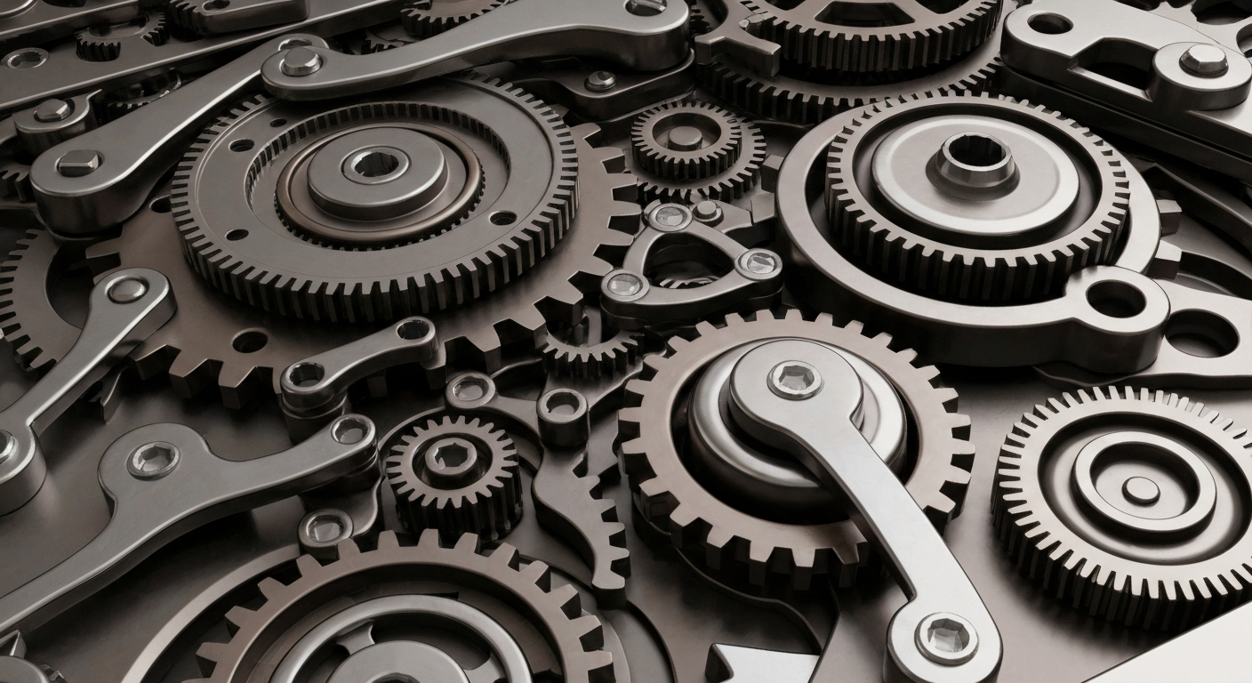 An extreme close-up of intricately engineered metal components in shades of grey, bronze, and chrome, conceptually representing the complex machinery and technology at the heart of the medical device industry.