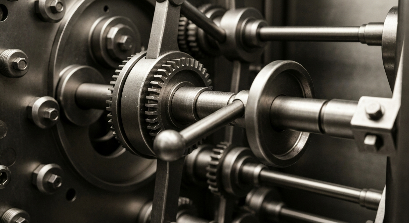A highly detailed macro photograph of the intricate gears, levers, and mechanical components inside a large, industrial bank vault, conveying a sense of the heavy, secure, and impenetrable nature of financial institutions and stored wealth.