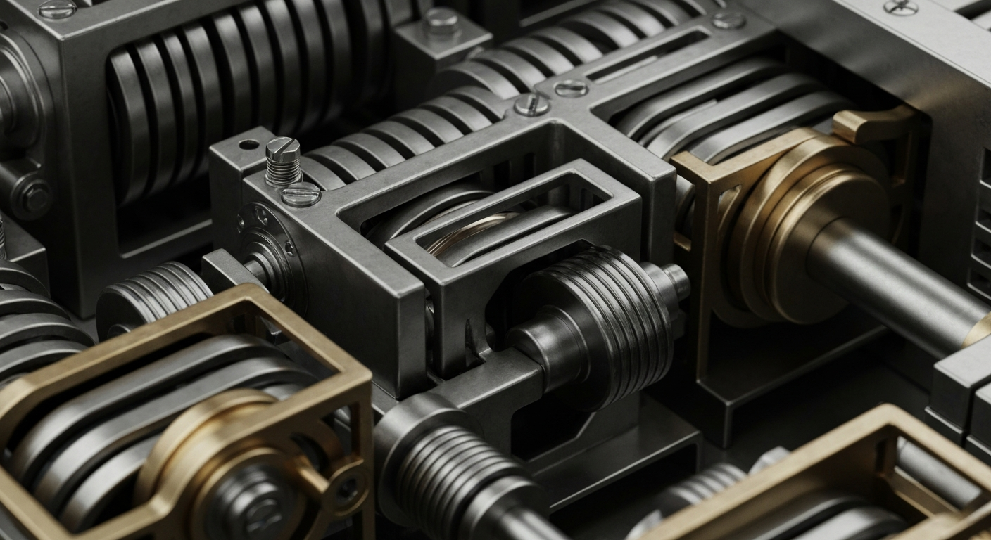 An extreme close-up of a series of gears, levers, and other mechanical components that make up the inner workings of a banking or financial institution, conveying a sense of the intricate and powerful machinery underlying the insurance industry.