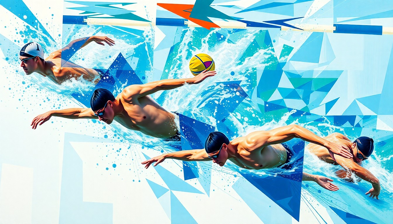 A fragmented, geometric painting depicting the motion and energy of swimmers competing in the 1500m freestyle event, with their bodies and the water rendered in abstract shapes and colors.