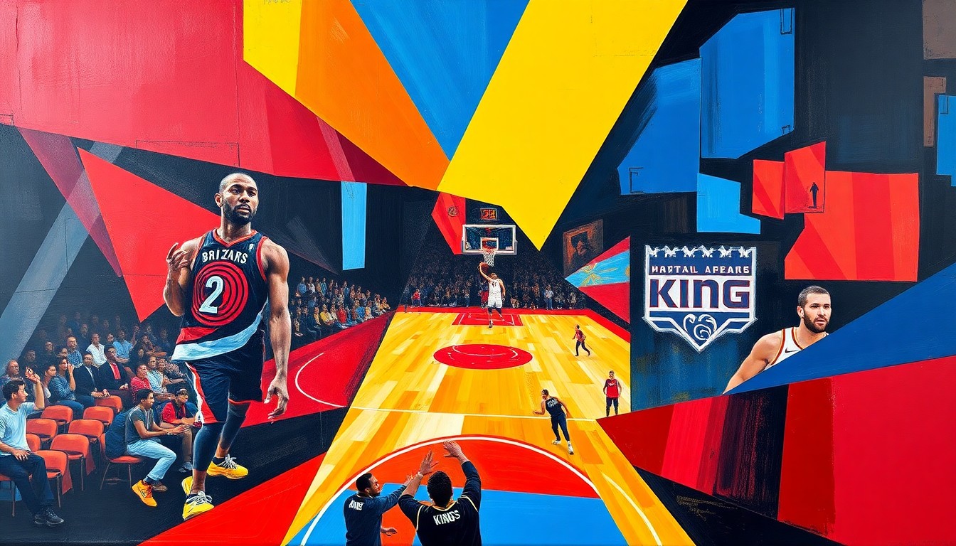 A fragmented, geometric painting depicting a basketball game, with sharp planes of color and overlapping shapes representing the dynamic action on the court.