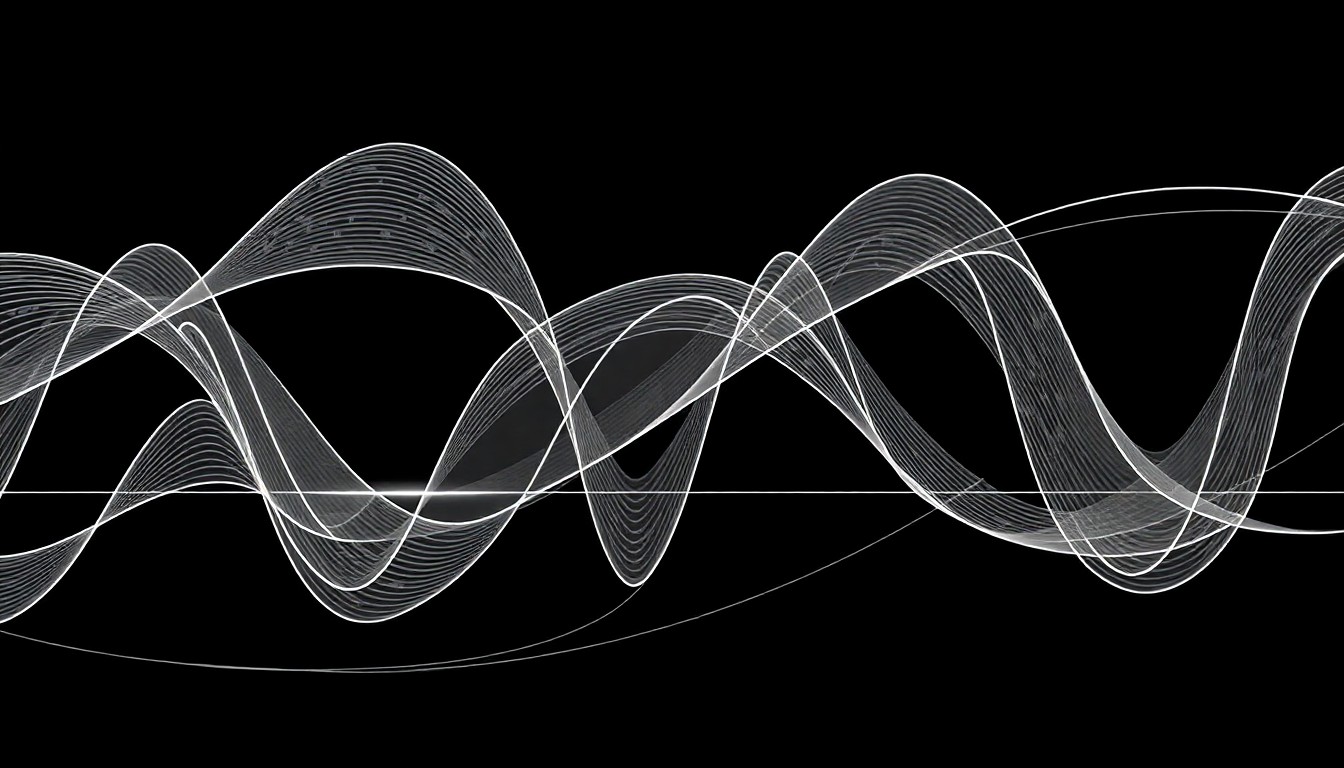 A high-contrast black-and-white photograph featuring abstract geometric patterns and intersecting waveforms, conceptually representing the complex algorithms and mathematical models that power the FORVAL forestry decision-making software.