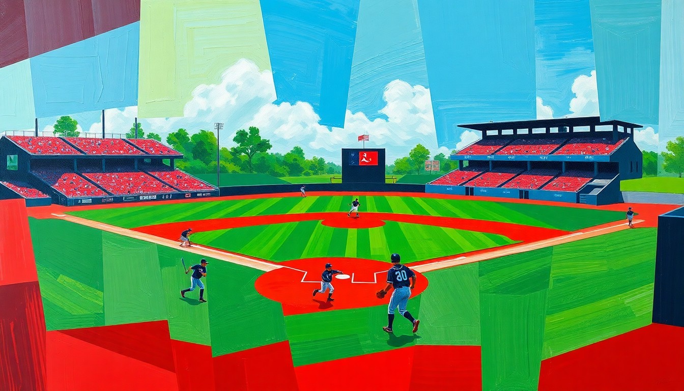 A cubist, geometric painting depicting the chaotic action of a high school baseball game, with overlapping planes of green grass, red dirt, and shadowy player figures in motion.
