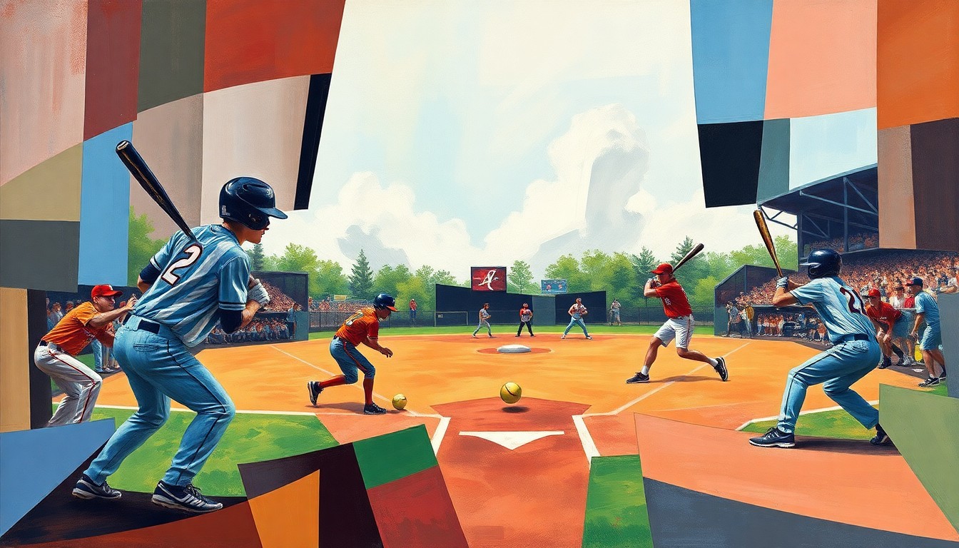 A fragmented, geometric painting depicting the dynamic movements and competition of a high school softball game, with players, equipment, and the field deconstructed into sharp, overlapping planes of color.