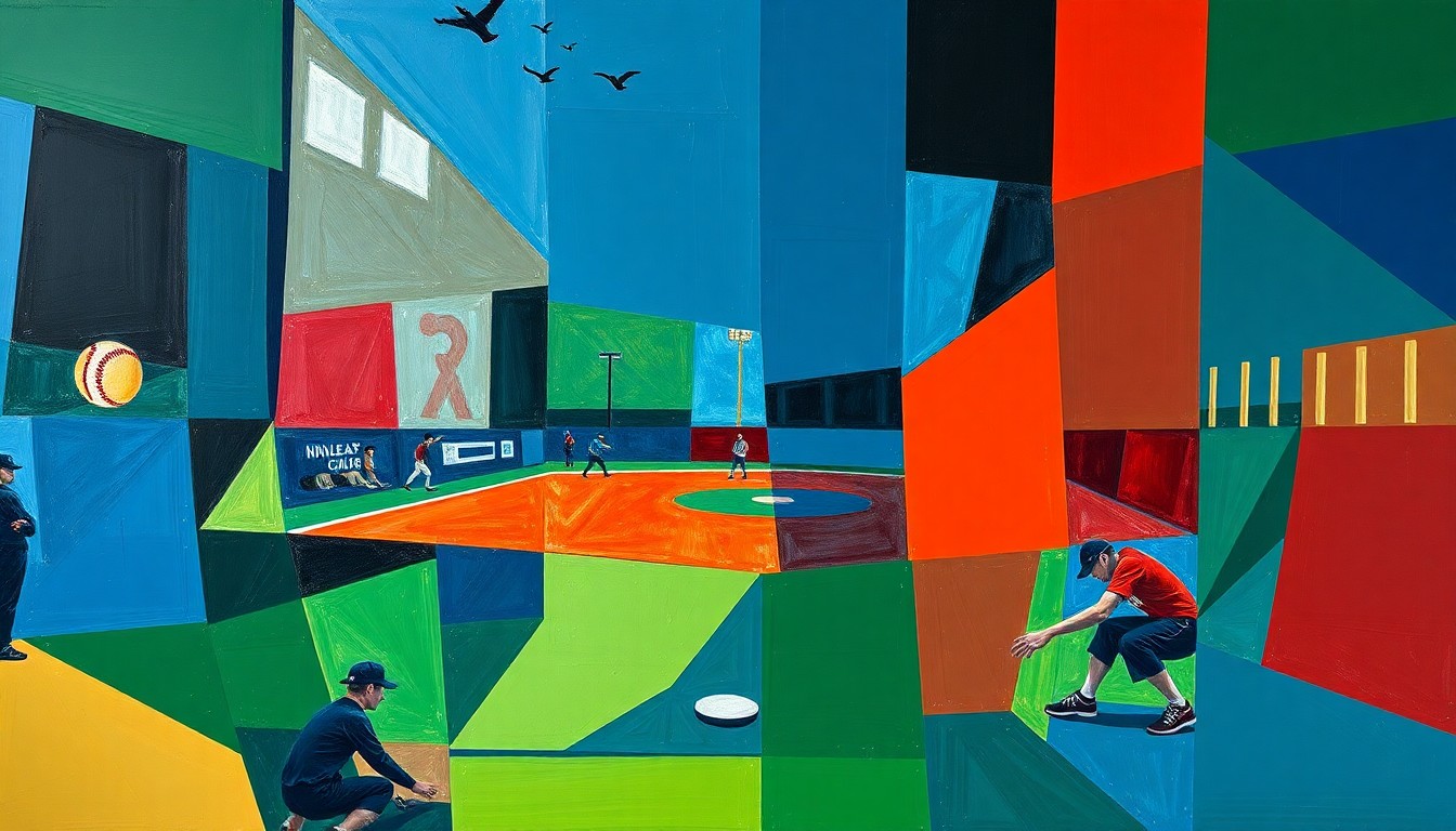 A cubist, geometric painting depicting the action and movement of a high school softball game, with overlapping planes of color representing the players, field, and equipment.