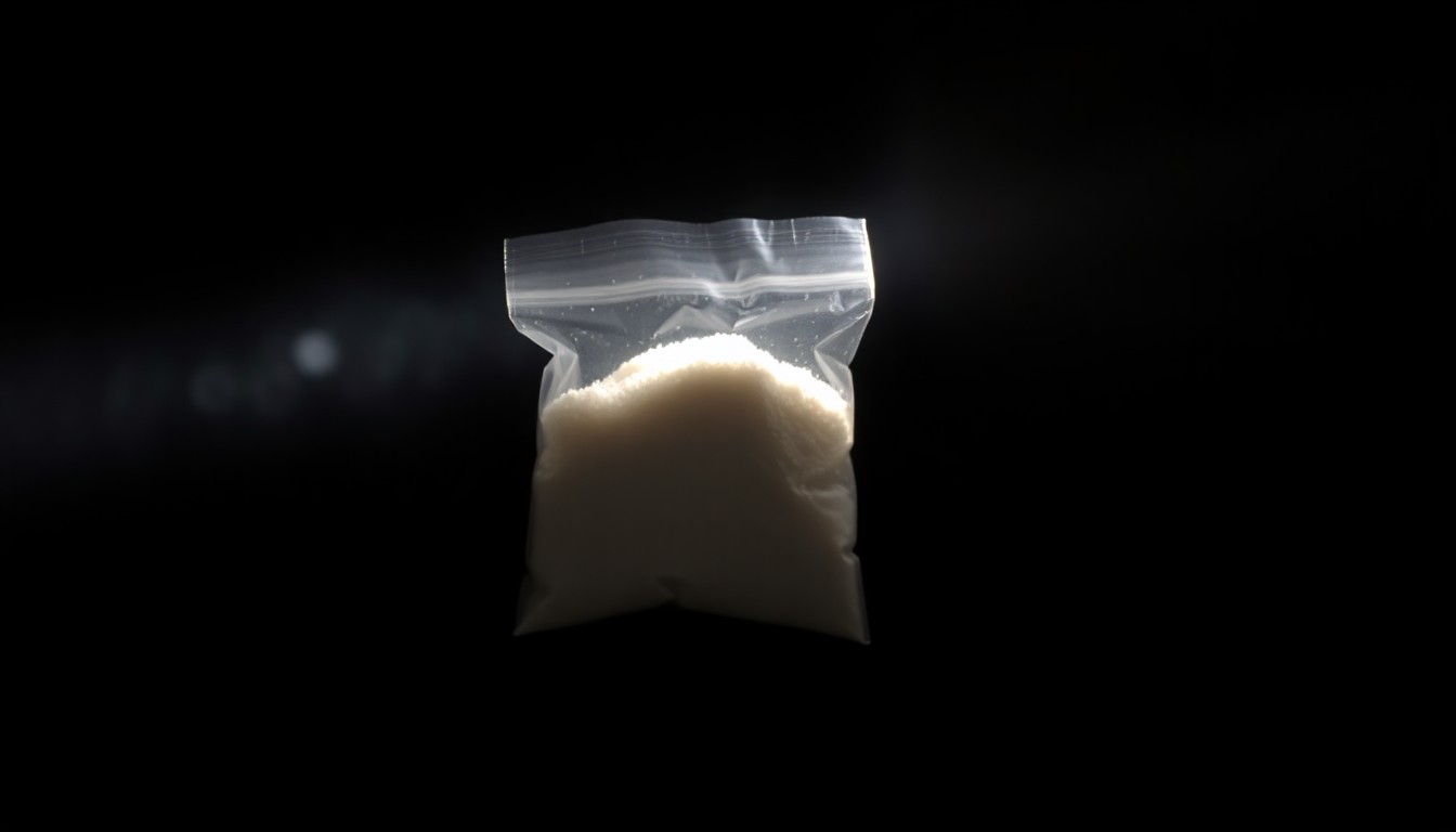 An extreme close-up of a small plastic bag containing white powder, lit by a harsh, direct camera flash against a pitch-black background, conceptually illustrating the evidence from a fatal fentanyl overdose.