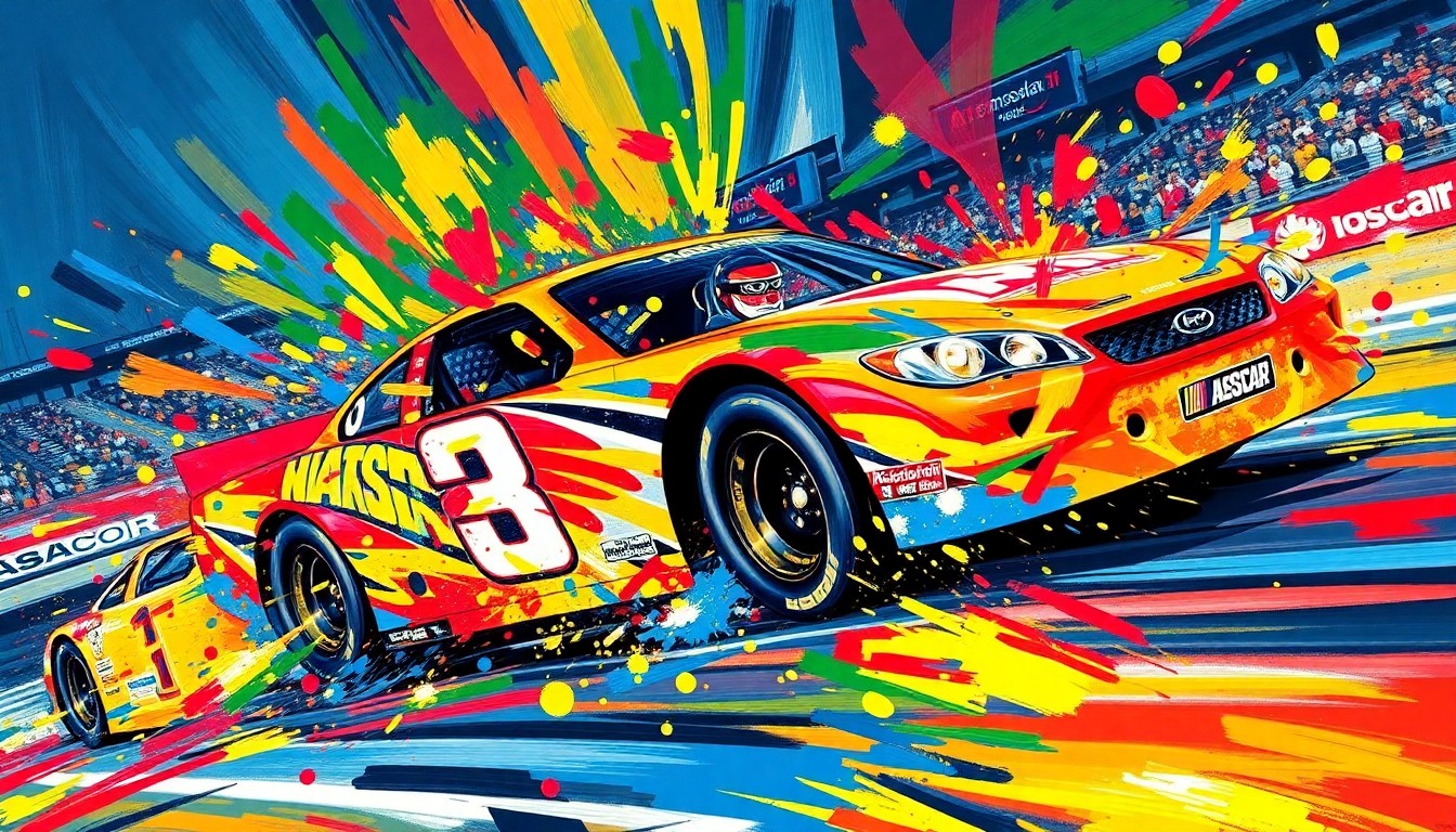 An extreme close-up of a NASCAR race car speeding around the Bristol Motor Speedway track, with the car's details and driver's face blurred into vibrant, expressive brushstrokes of neon colors, capturing the raw energy and motion of the race.