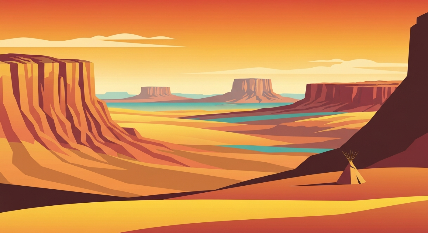 A highly stylized, geometric landscape illustration in earthy tones, featuring a lone tipi silhouetted against a sweeping horizon of rolling hills and distant mesas, capturing the grand scale and cultural significance of the Penatuhkah Comanche Trails.