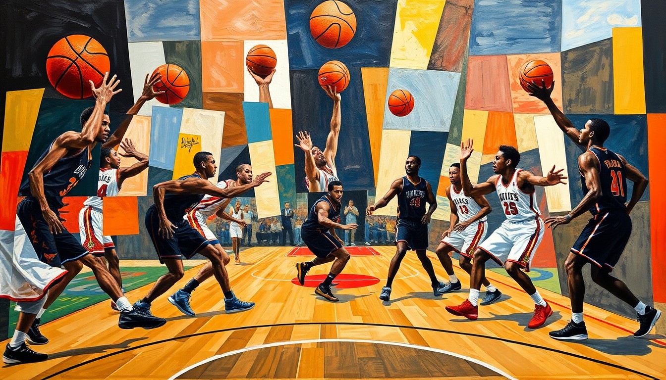 A cubist, geometric painting depicting an NBA playoff push, with fragmented, overlapping shapes and planes representing players, basketballs, and court lines, conveying the multifaceted nature of teams' end-of-season decision-making.