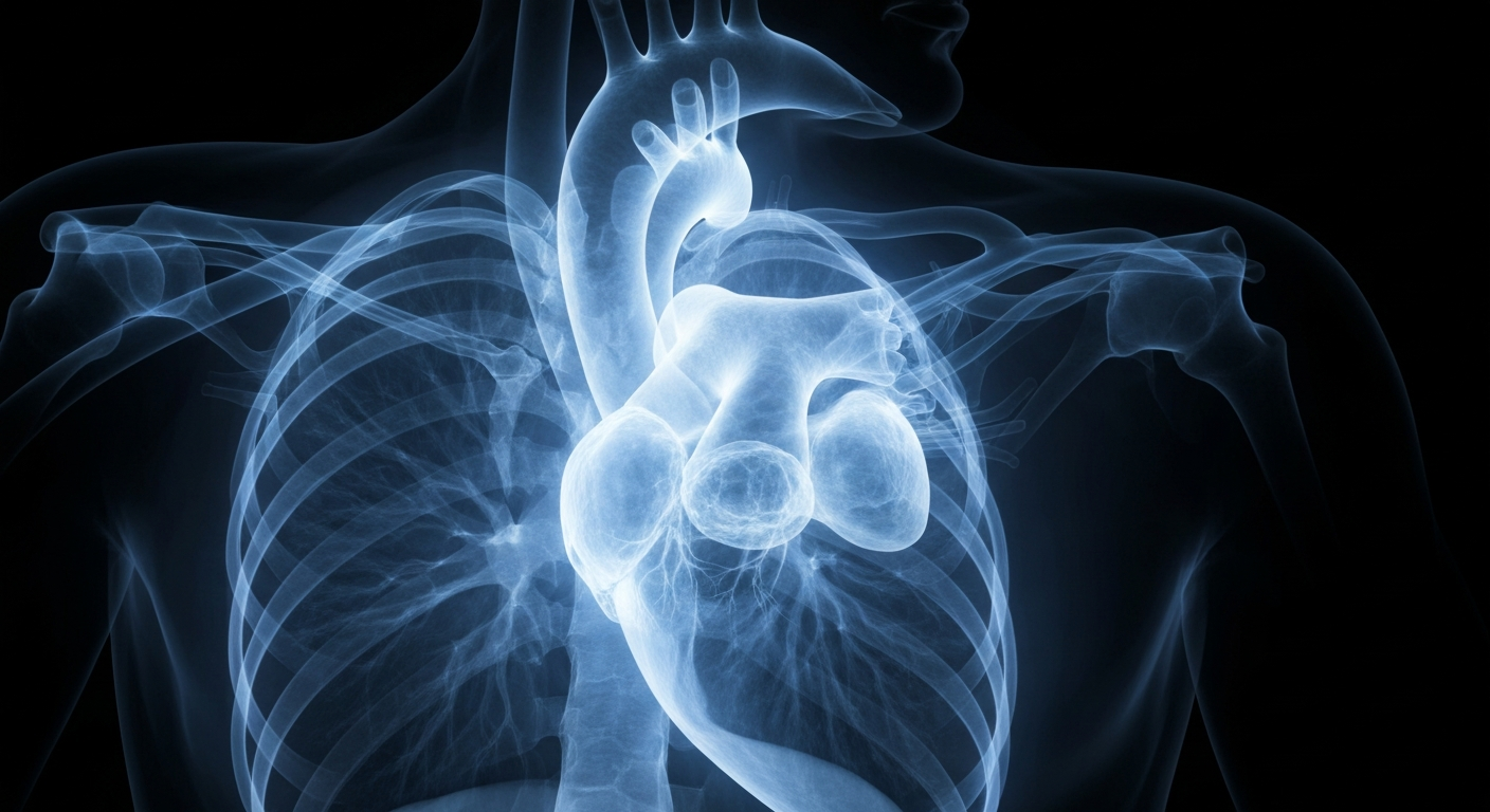 A translucent, ghostly X-ray photograph revealing the internal structure of the human heart, lungs, and circulatory system, glowing with a soft blue light against a dark background, conceptually representing the precarious state of healthcare access for many Washingtonians.