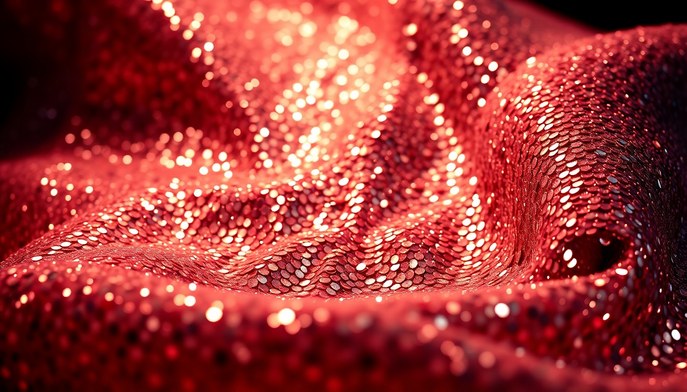 An extreme close-up photograph of shimmering, high-contrast sequins in vibrant colors, conceptually representing the glamour and style of a celebrity fashion moment.