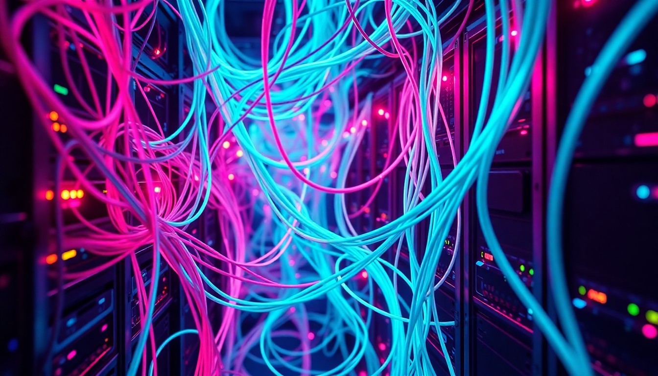 A highly detailed, glowing 3D illustration of a complex network of fiber-optic cables and server racks, representing the interconnected nature of Australia's critical infrastructure and the looming threat of cyber espionage.