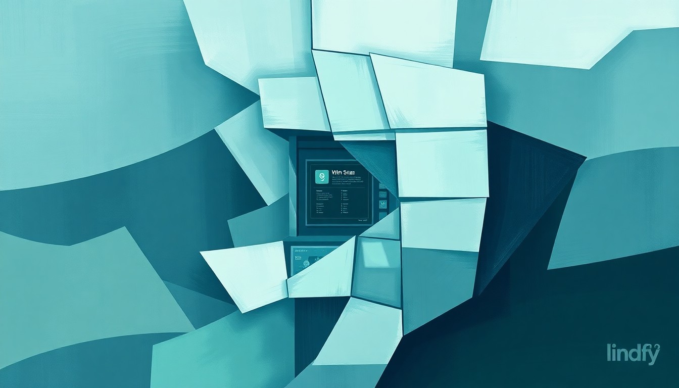 A conceptual illustration featuring a fractured, geometric painting of a virtual currency kiosk in overlapping waves of muted blues, grays, and greens, conveying the chaotic and disruptive nature of scams targeting seniors.