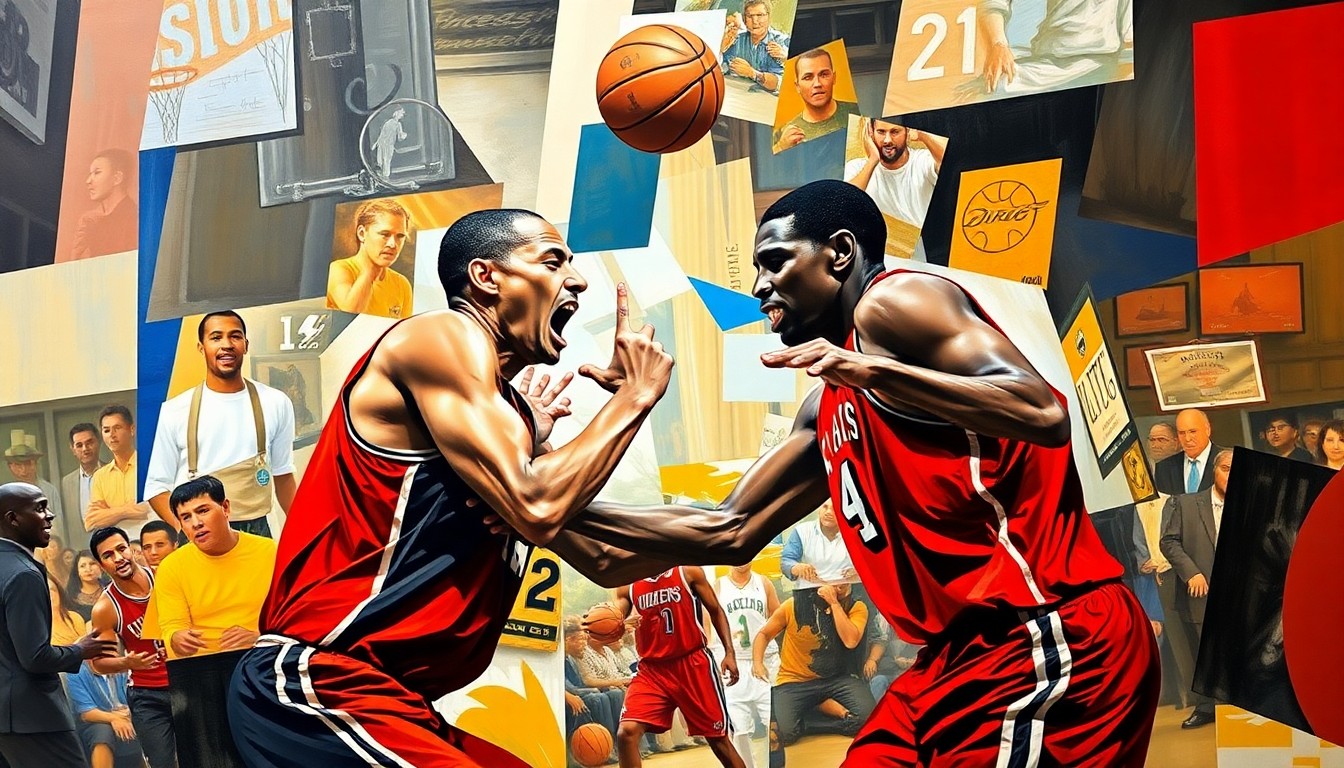 A cubist-style painting depicting a chaotic basketball scene with overlapping geometric shapes and planes, representing the physical confrontation between players on the court.