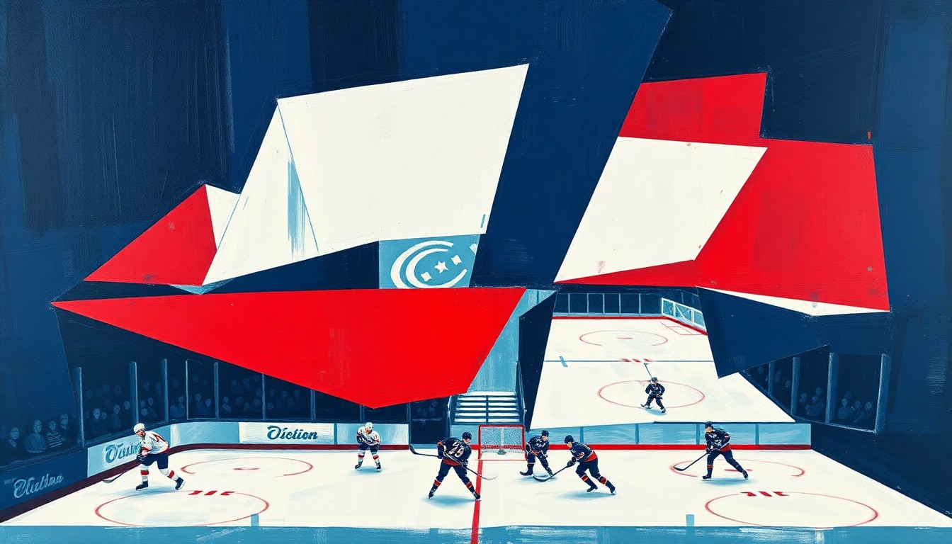 A cubist, geometric painting depicting a hockey game or match, with sharp, overlapping planes of navy blue, red, and white, conveying the fractured, multi-perspective nature of the trade between the Sabres and Hurricanes.