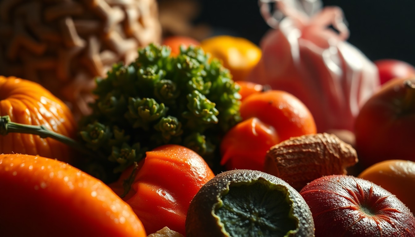 An extreme close-up of lush, textured organic produce and natural goods, captured in dramatic, high-contrast studio lighting to create a glitzy, high-fashion aesthetic, conceptually representing the celebratory energy of a community anniversary.