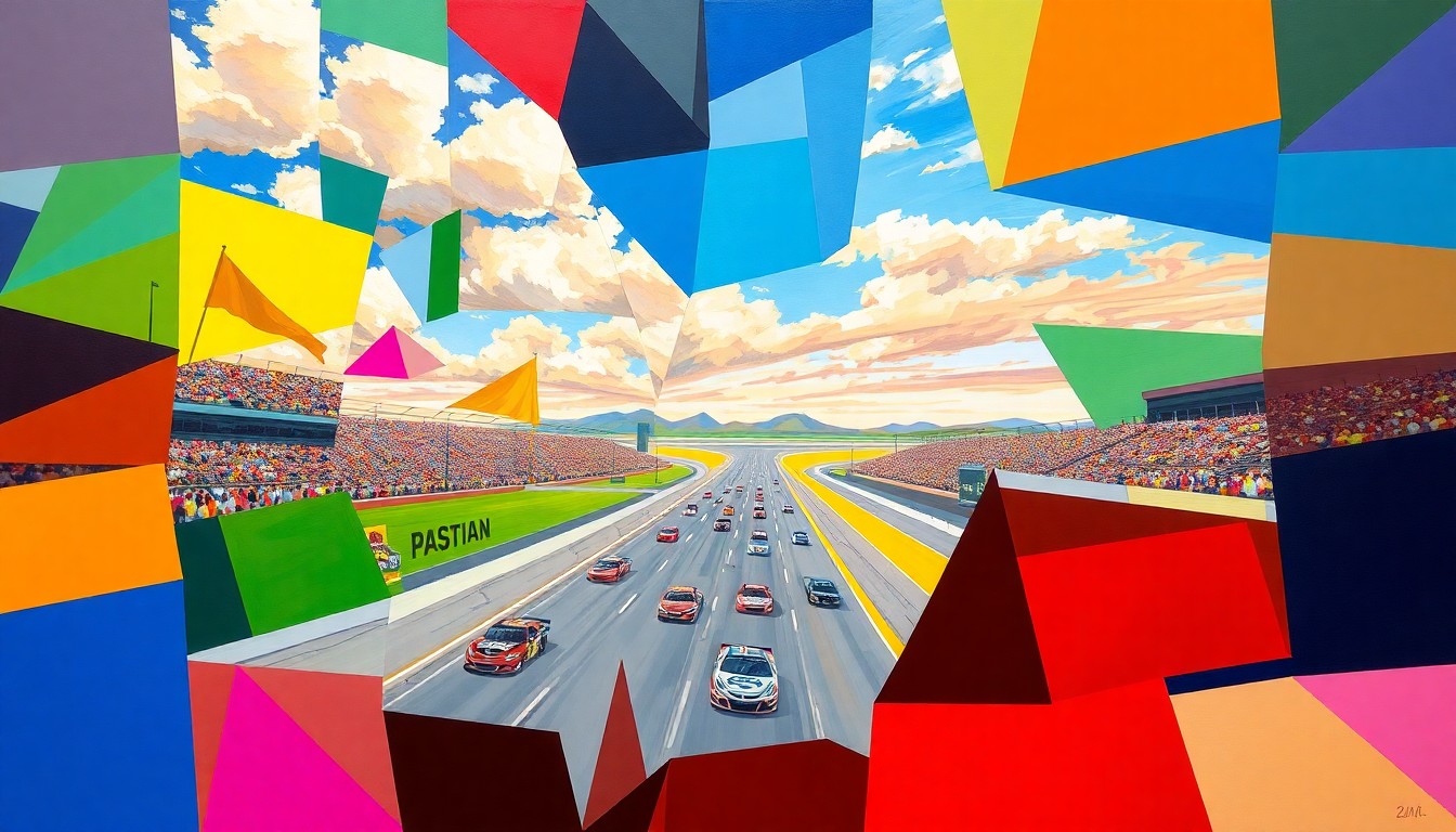 A fractured, multi-perspective painting in bold, vibrant colors depicting the overlapping geometric planes of a NASCAR race at Phoenix Raceway, capturing the strategic essence of the practice sessions.