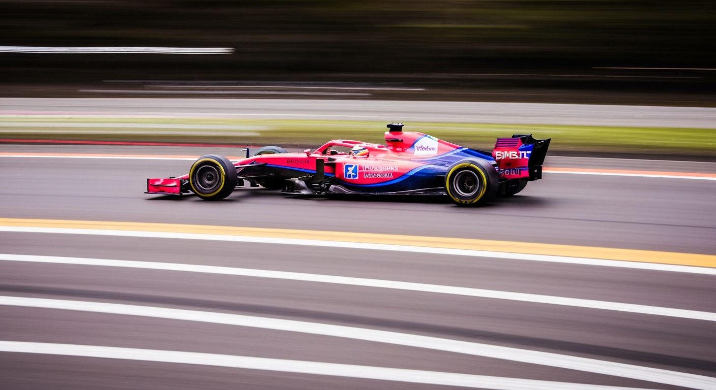 An abstract, blurred image of a Formula 1 car in motion, with vibrant streaks of color representing the chaos and fragility of the start of a race.