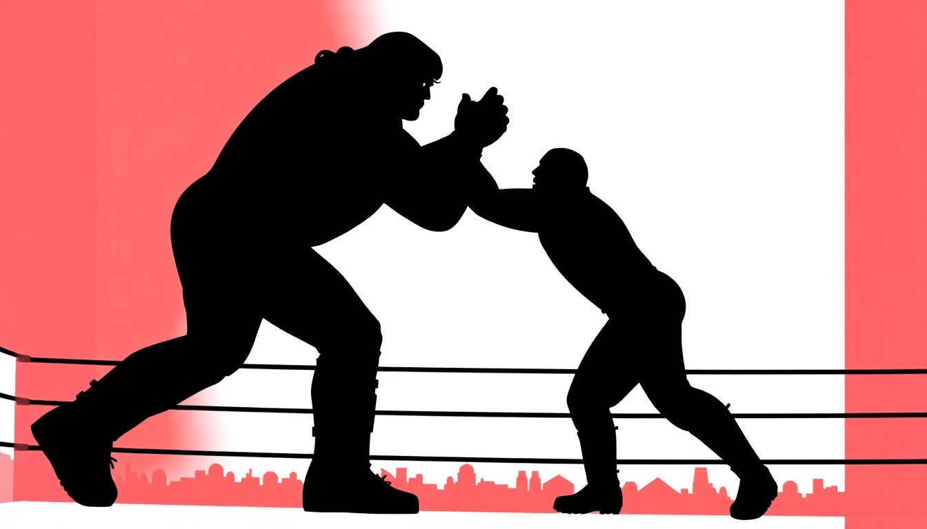 An abstract, minimalist illustration depicting the dramatic silhouettes of Hulk Hogan and Andre the Giant engaged in a powerful grappling pose, capturing the intensity and significance of their iconic WrestleMania 3 match.