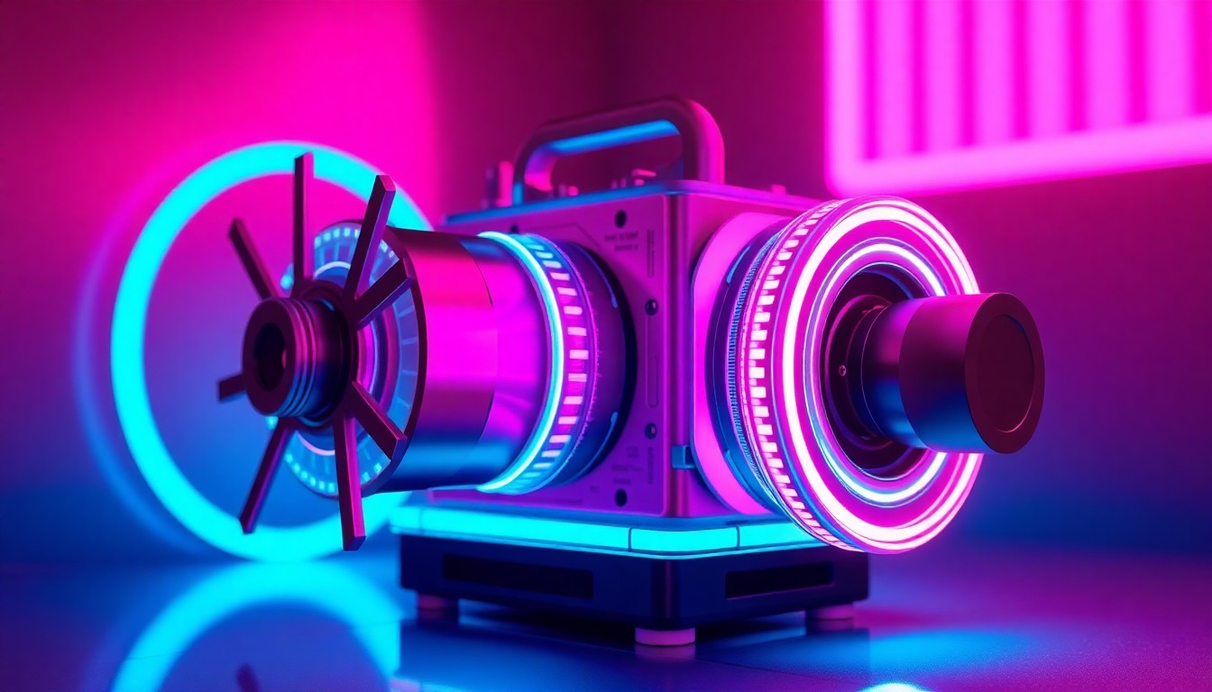 A highly detailed, glowing 3D illustration of a futuristic, AI-powered film projector or cinema equipment, with intricate cybernetic components and neon lights, conceptually representing the technological advancements and controversies surrounding the integration of AI in the film industry.