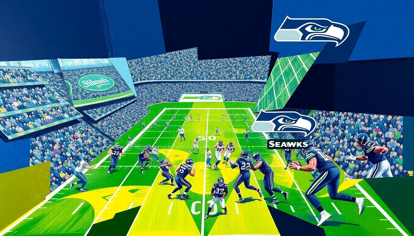 A cubist, geometric painting depicting a Seahawks football game, with sharp, overlapping planes of navy blue, lime green, and silver representing the team's uniforms and branding. The fractured, multi-perspective style captures the intensity and chaos of the Super Bowl media circus.