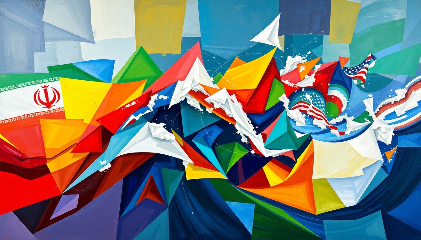 A vibrant, abstract painting with overlapping, fractured geometric shapes in shades of blue, red, and yellow, conveying the dynamic and fast-paced nature of the US-Iran diplomatic negotiations.