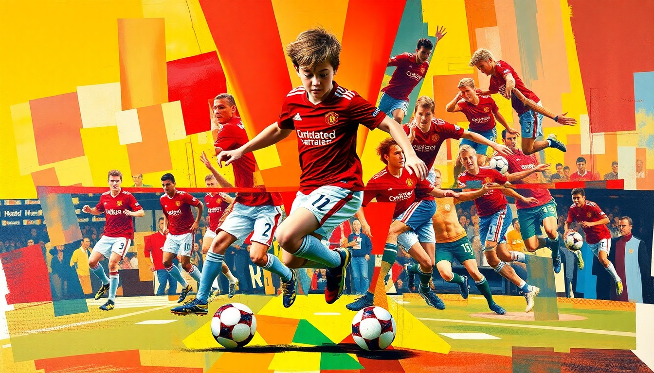 A fragmented, cubist-style painting depicting the dynamic movements of a young soccer player in a red and white uniform, their body and the ball broken down into sharp, angular shapes and planes of color.