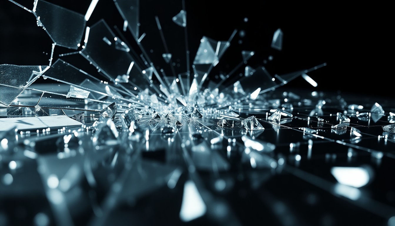 An abstract, high-contrast close-up image featuring shattered glass and reflective metal surfaces, conveying the sleek, high-tech aesthetic of the acclaimed video game adaptation 'Exit 8'.