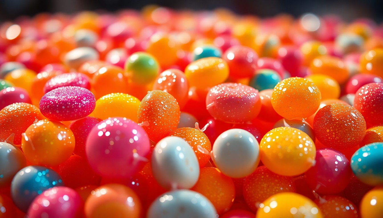 An extreme close-up photograph of brightly colored, glittering candy textures in shades of pink, purple, and yellow, capturing the vibrant, playful energy of the Candy Crush activation at the Clippers game.