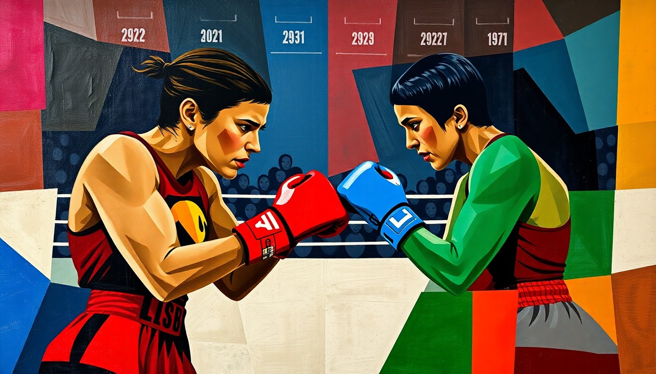 A cubist-style painting depicting a women's boxing match, with the figures and ring broken down into sharp, overlapping geometric shapes in navy blue, red, and green, conveying the intensity and energy of the sport.