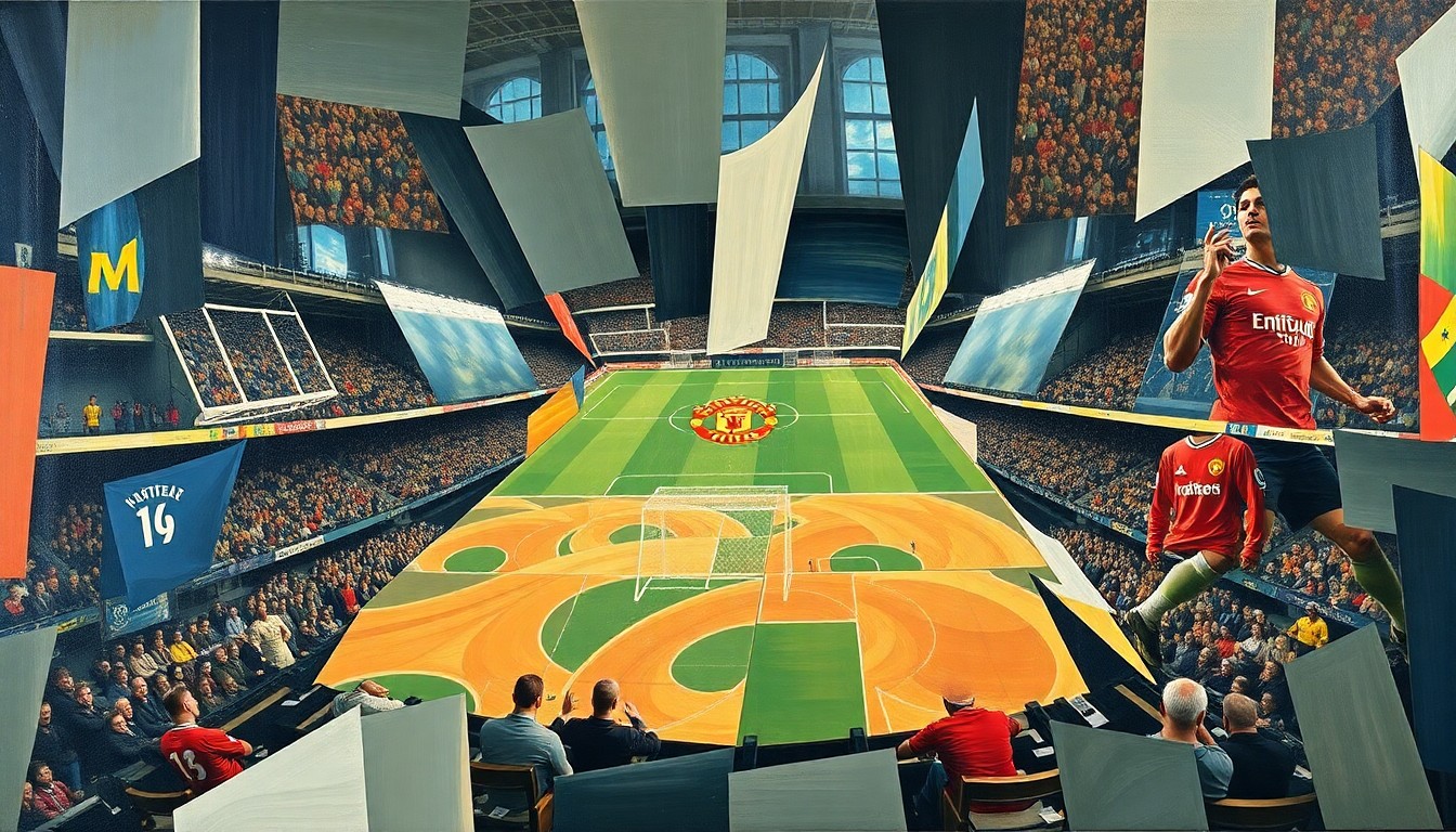 A cubist-style painting depicting a Manchester United football match broken down into sharp, overlapping geometric shapes and planes, conveying the uncertainty and complexity surrounding the club's managerial future.
