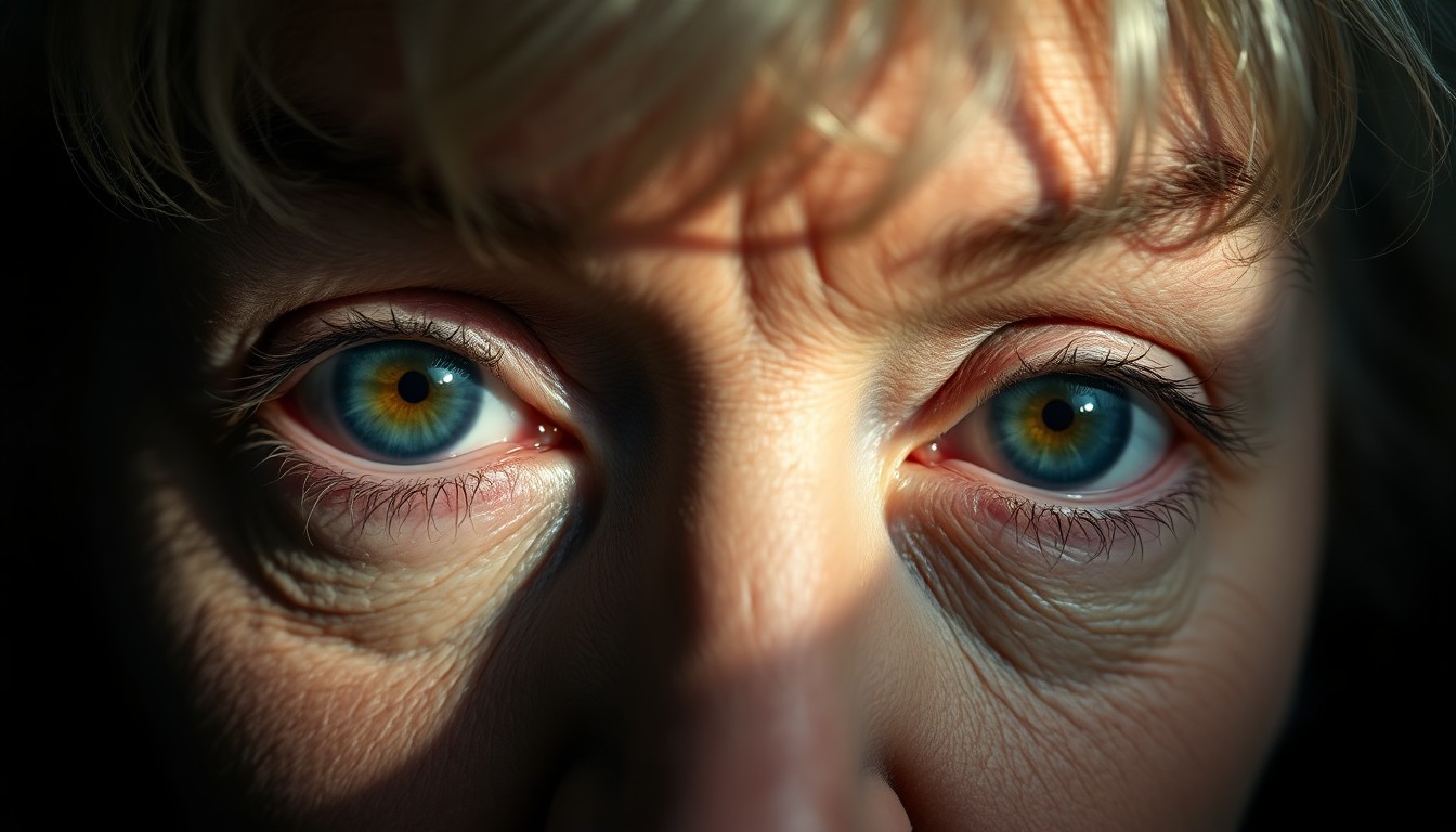 An extreme close-up photograph of Judi Dench's eyes, the iris and pupil visible in dramatic, high-contrast lighting, conceptually representing her struggle with age-related macular degeneration.