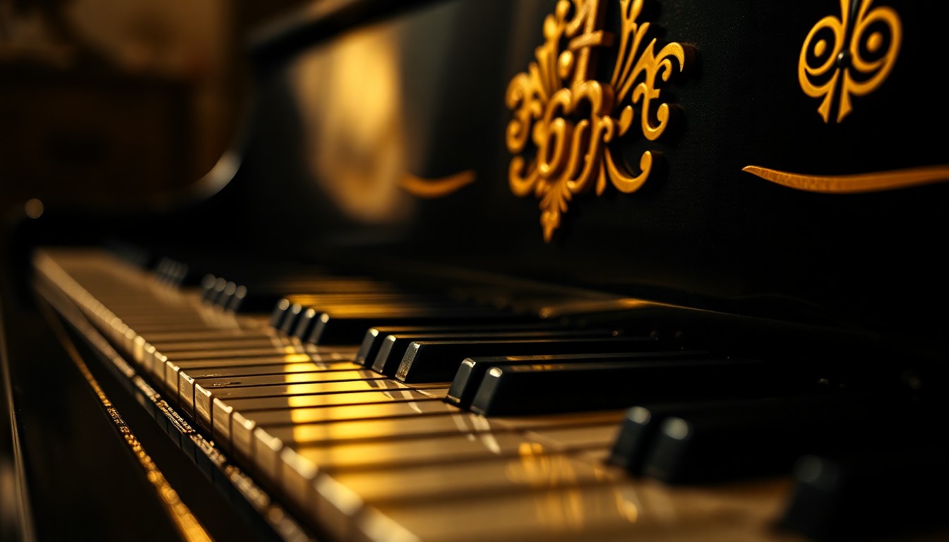 An extreme close-up photograph of the ornate, glossy black and gold details of an antique piano keyboard, capturing the luxurious, high-fashion glamour of a musical instrument that once inspired some of the most iconic songs in pop music history.