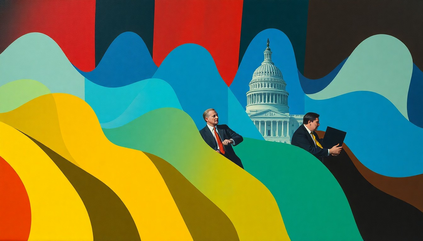 An abstract, avant-garde painting featuring overlapping, geometric shapes and waves of color, conveying a sense of motion and energy without any specific identifiable objects or figures.