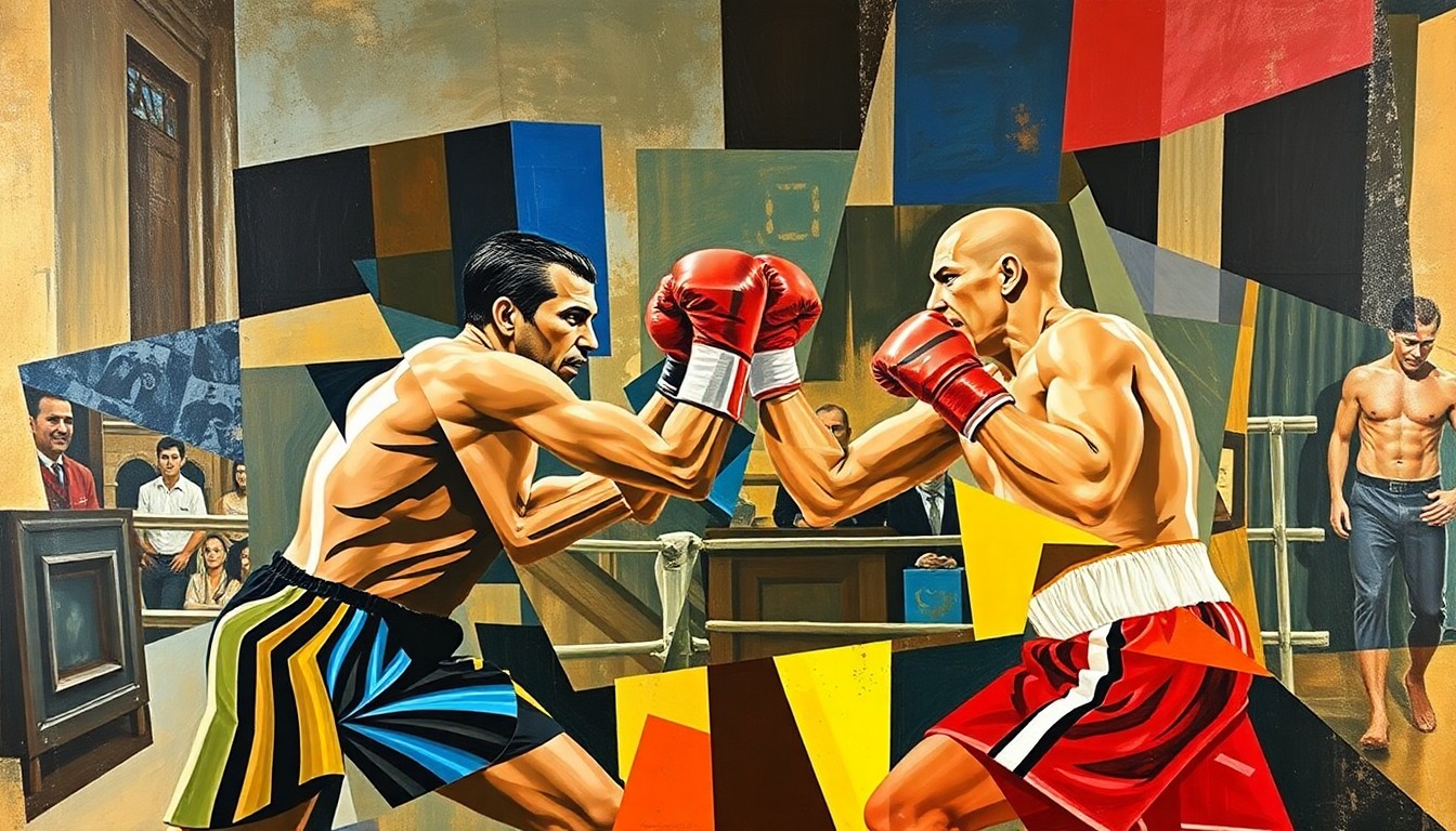 A cubist-style painting depicting a boxing match or competition, with the scene broken down into sharp, overlapping geometric planes in a variety of colors, conveying the sense of a sport in transition.